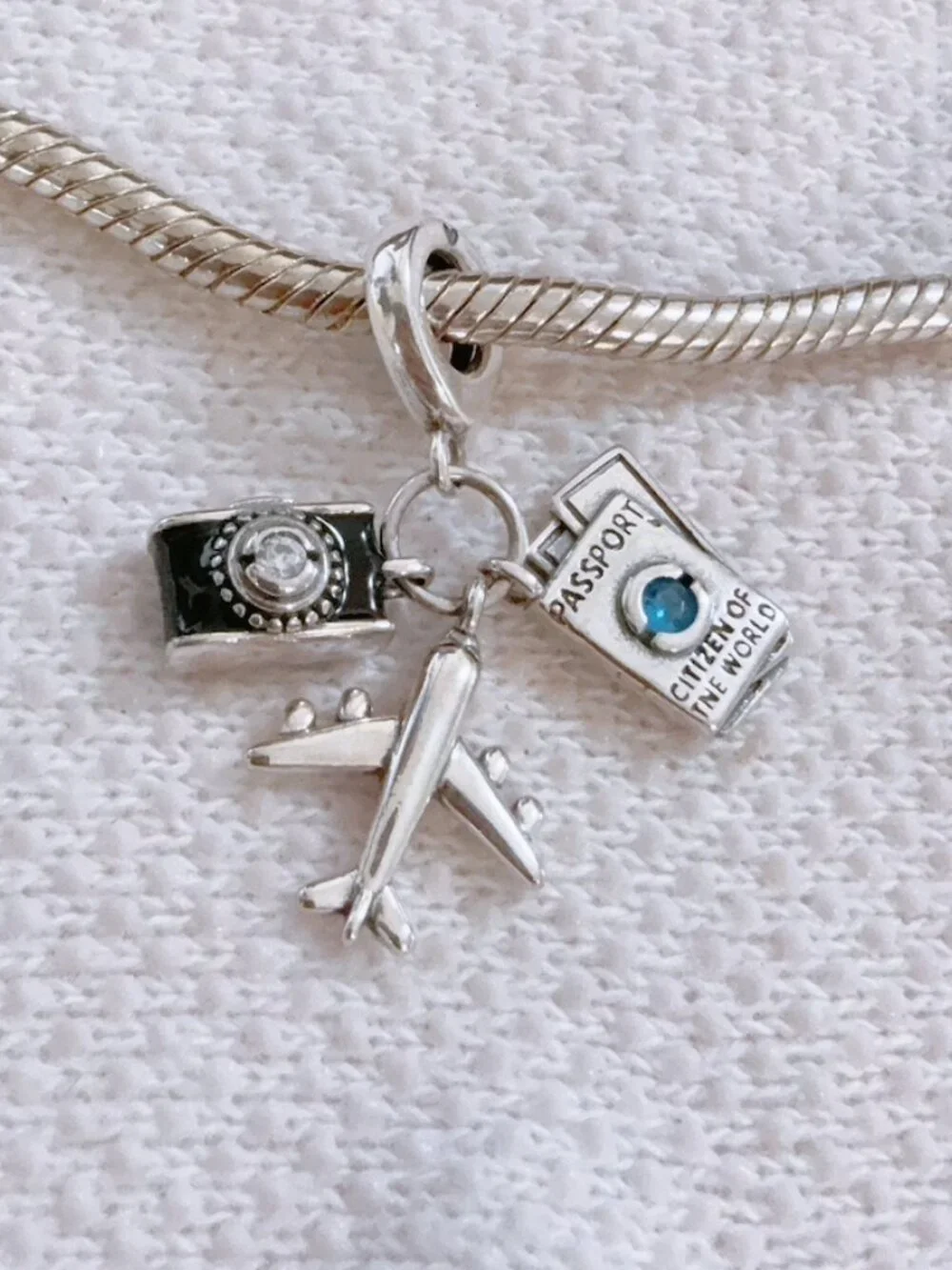 Travel Charm Camera Passport & Airplane Silver Charm For Pandora Bracelet